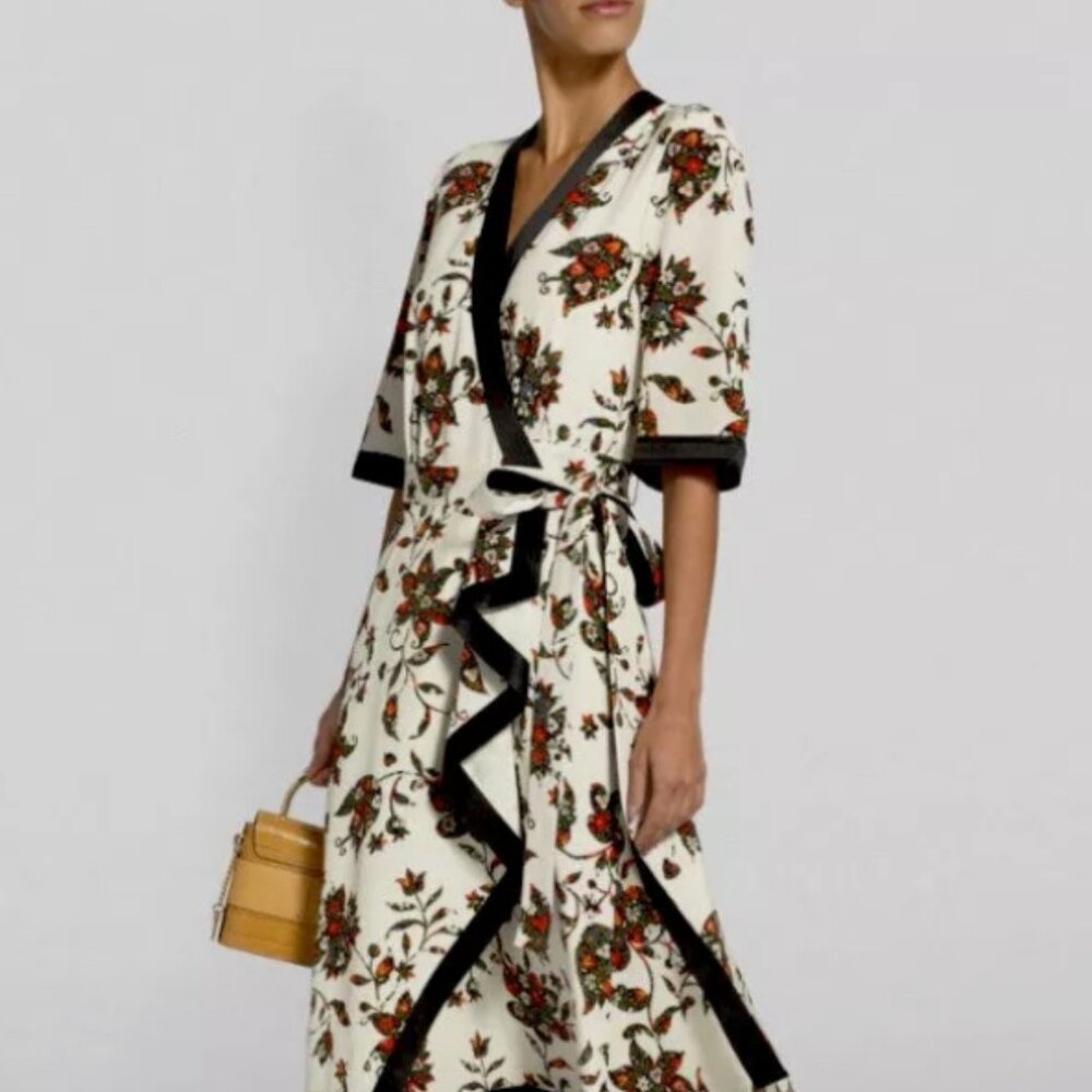 NWOT Tory Burch New Ivory Sacred Floral Silk Printed Wrap Dress XS $798